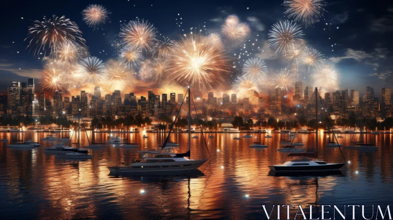 Cityscape Night Scene with Fireworks and Boats on Waterfront AI Image