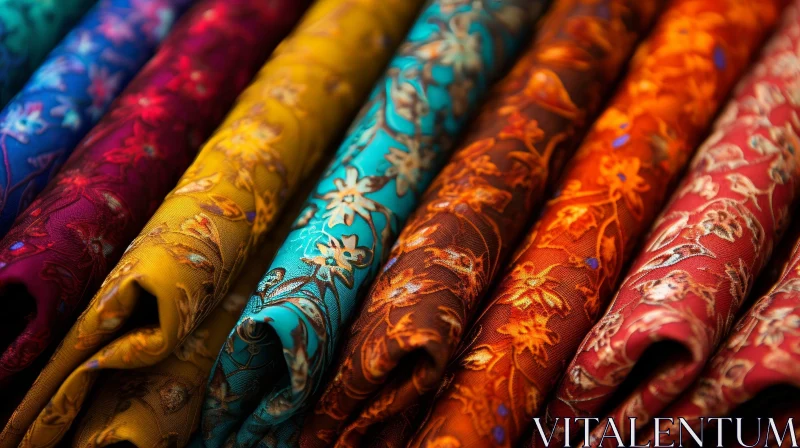 Colorful Silk Fabric Stack with Floral Pattern AI Image