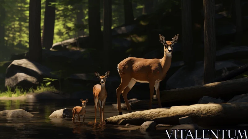Deer Family in Forest River - Serene Nature Scene AI Image