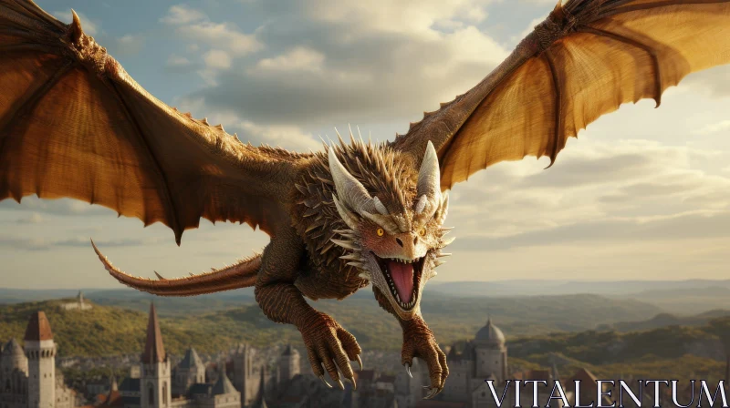 Dragon Flying Over Medieval City - Digital Fantasy Artwork AI Image