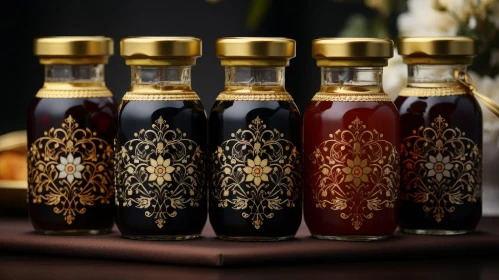 Elegant Glass Bottles with Floral Design and Colored Liquids
