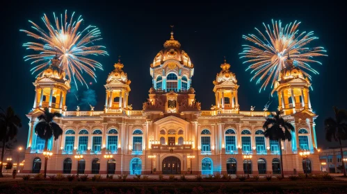 Enchanting Historical Building with Clock Tower and Fireworks