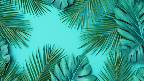 Green Tropical Leaves on Turquoise Background