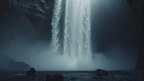 Majestic Waterfall in Dark Icelandic Cave