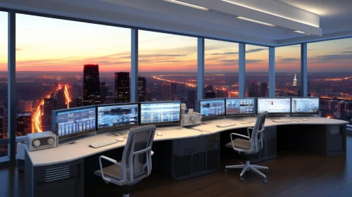 Modern Control Room Overlooking City