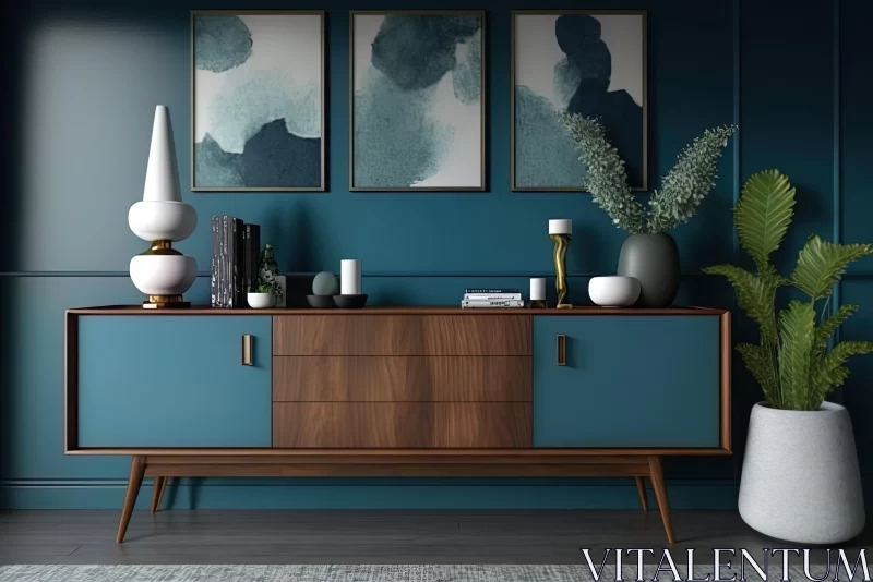 Rustic Sideboard in Teal Space | Monochromatic Paintings | Mid-Century Modern AI Image