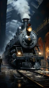 Vintage Steam Locomotive Painting at Train Station
