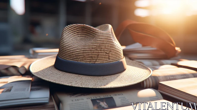 Vintage Straw Hat on Old Books - Close-Up Still Life AI Image