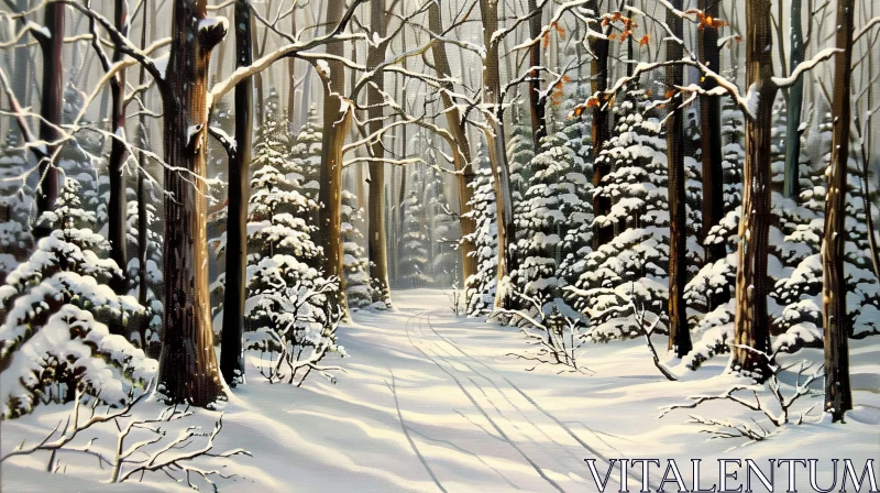 AI ART Winter Forest Snow Trees Sunlight Scene