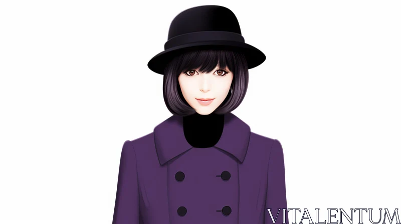 Young Woman Portrait in Black Hat and Purple Coat AI Image