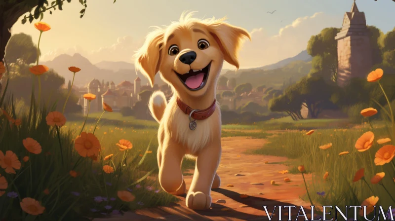 Adorable Golden Retriever Puppy in Flower Field Cartoon AI Image