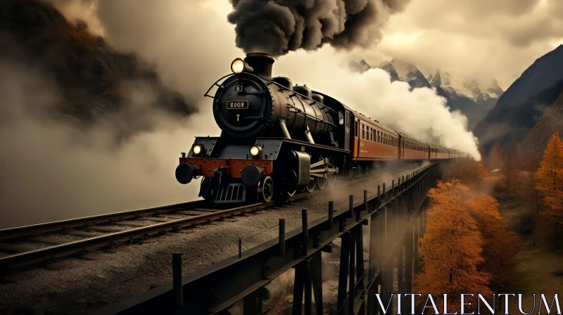 Black Steam Locomotive Crossing Mountainous Railroad Bridge AI Image