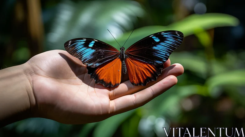 Close-up Butterfly Perched on Hand in Tropical Rainforest AI Image