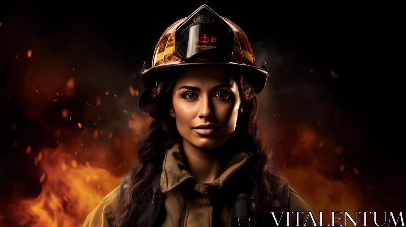 Courageous Female Firefighter Facing Blazing Fire AI Image