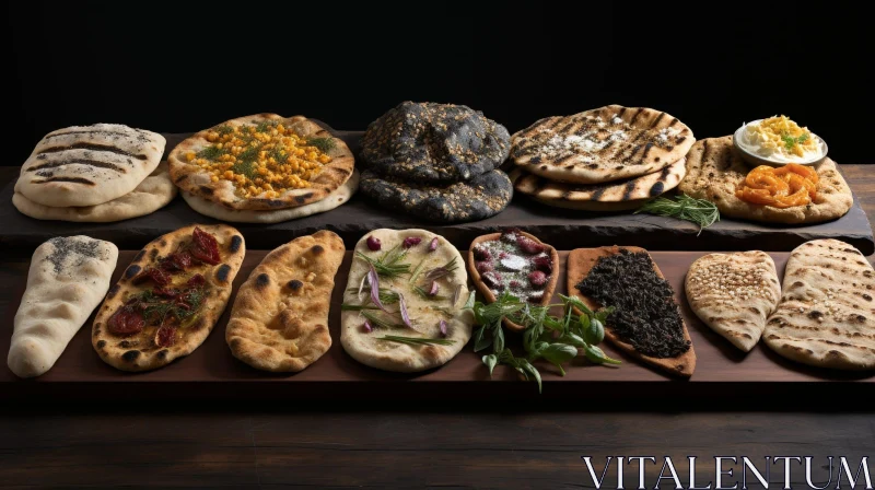 Delicious Flatbreads Variety on Wooden Table AI Image