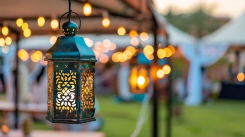 Metal Lantern with Geometric Pattern and Candlelight