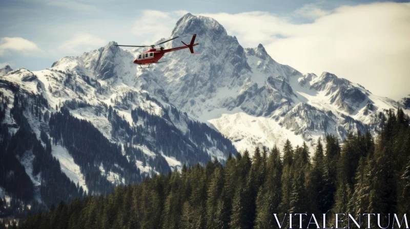 AI ART Red Helicopter Flying Over Snow-Covered Mountains