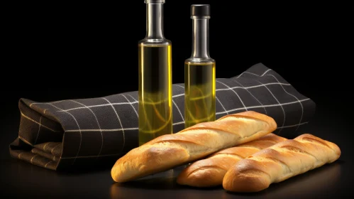 Artistic Still Life Composition with Olive Oil Bottles and Baguettes