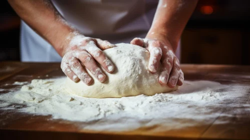 Baker Kneading Dough on Wooden Table