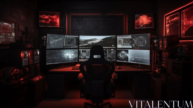 Dark Room with Computer Monitors and Red Light AI Image