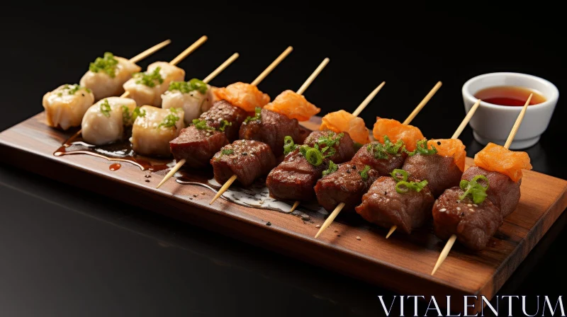 Delicious Grilled Meat and Seafood Skewers on Wooden Plate AI Image