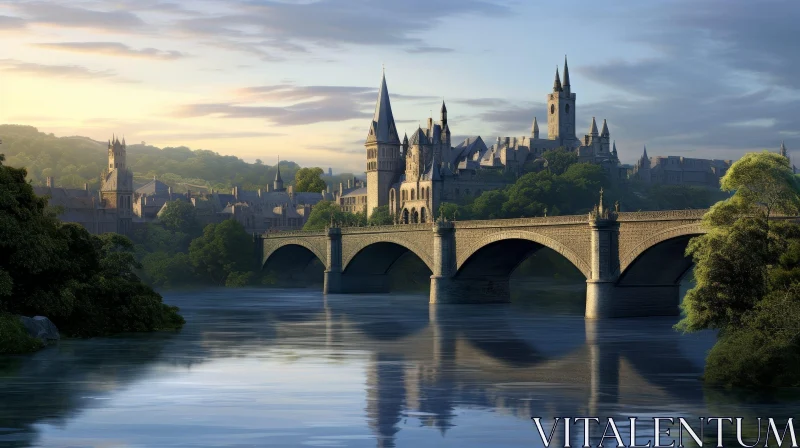 Enchanting Medieval Cityscape with River and Bridge AI Image