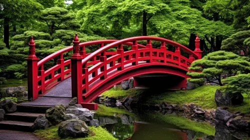 Red Wooden Bridge in Japanese Garden - Serene Nature Scene