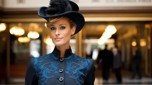 Stylish Woman Portrait with Black Top Hat and Blue Embroidered Jacket
