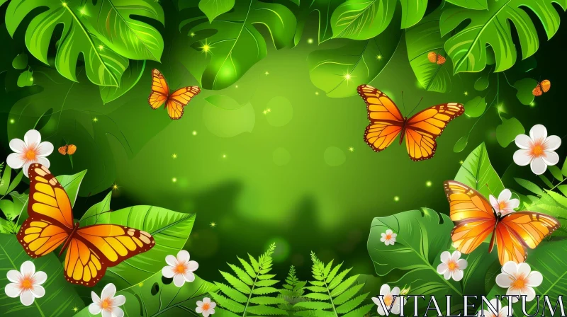 Tropical Rainforest Butterflies and Flowers Scene AI Image