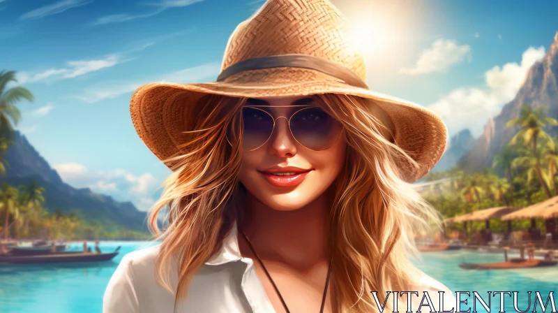 AI ART Tropical Serenity: Young Woman in Straw Hat and Sunglasses