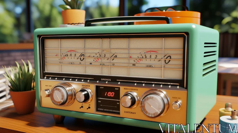 AI ART Vintage Mint Green Retro Radio on Wooden Table