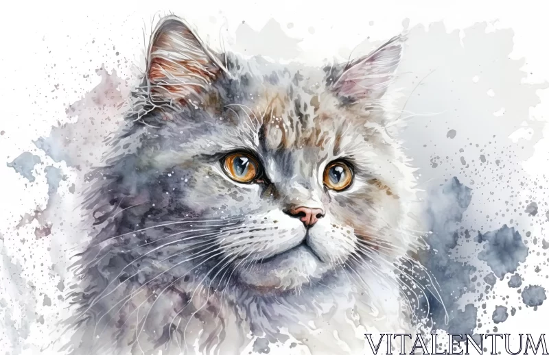 Watercolor Painting of a Russian Long Hair Grey Cat - Expressive and Detailed AI Image