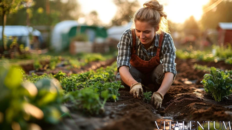 Young Woman Gardening - Planting Seedlings in Garden Bed AI Image