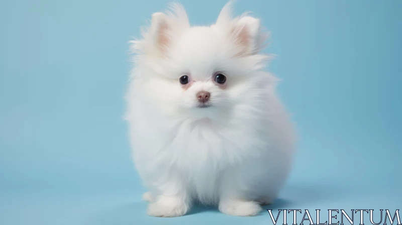 Adorable White Pomeranian Puppy on Blue Background AI Image