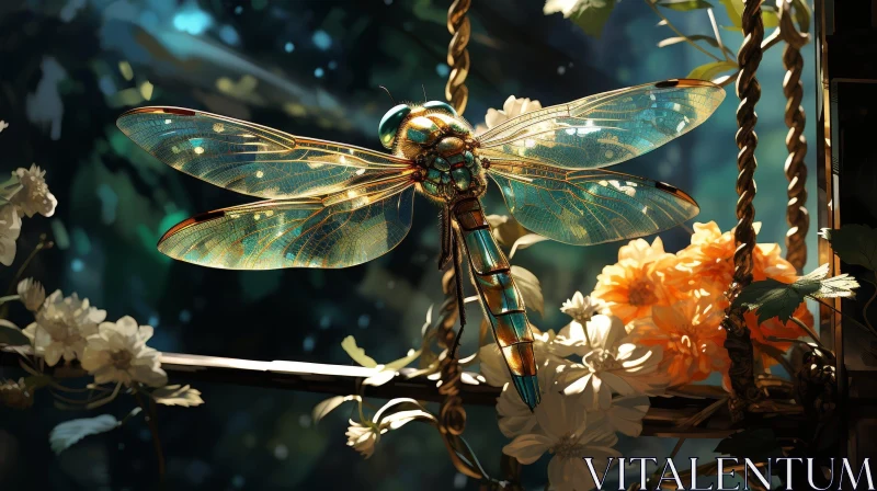 Beautiful Dragonfly Close-Up on Branch in Natural Setting AI Image