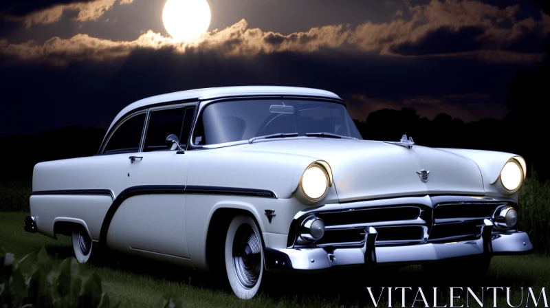 AI ART Captivating White Classic Car on Grassy Field Under Moon | Precisionist Style