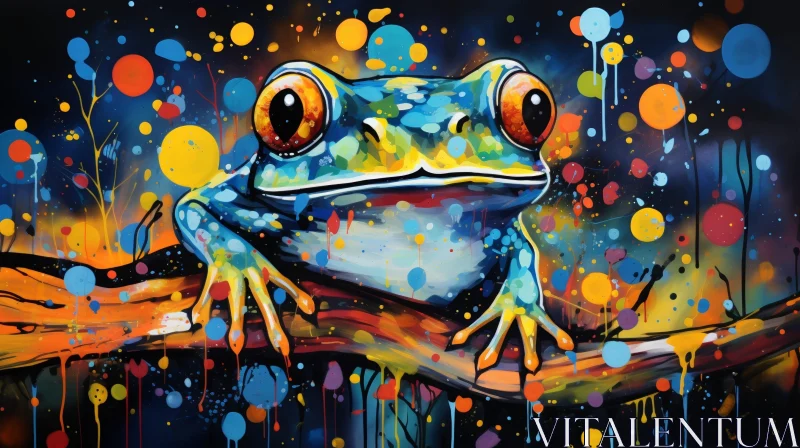 Cheerful Frog Digital Painting on Branch AI Image
