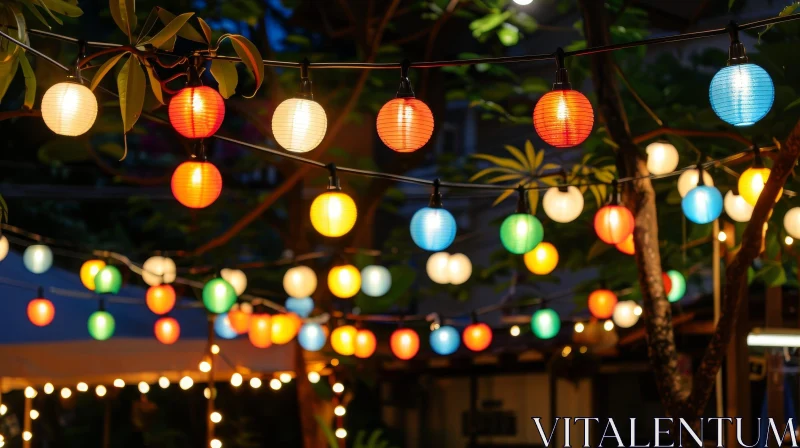 Colorful Paper Lanterns Hanging from Tree - Festive Glow AI Image