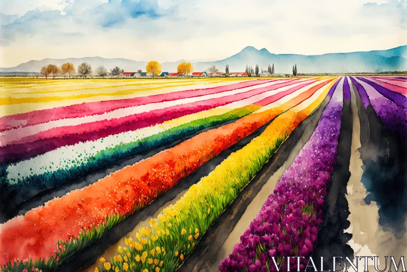 Colorful Watercolor Painting of Blooming Tulips in an Idyllic Field AI Image