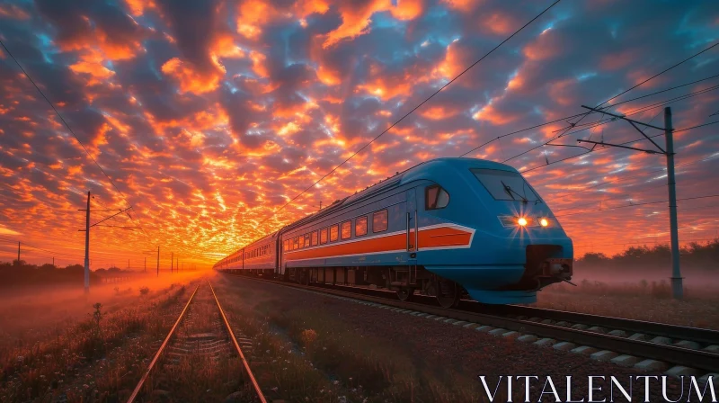 Electric Train at Dawn on Railroad Tracks AI Image