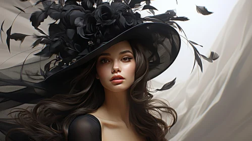 Elegant Woman in Black Hat and Dress