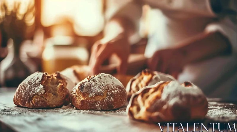 AI ART Freshly Baked Bread Rolls on Wooden Table