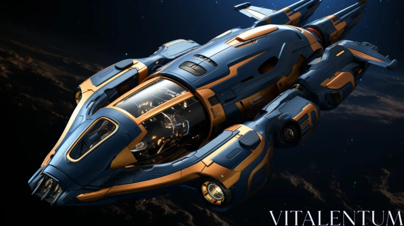 Futuristic Blue and Gold Spaceship in Space AI Image