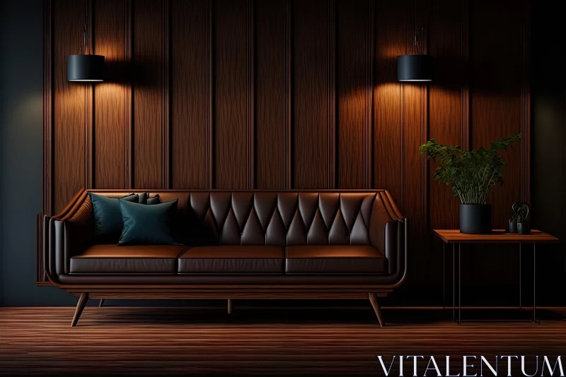 Interior Dark Room with Brown Sofa and Wood Wall - Ultra Detailed and Cartoonish Simplicity AI Image