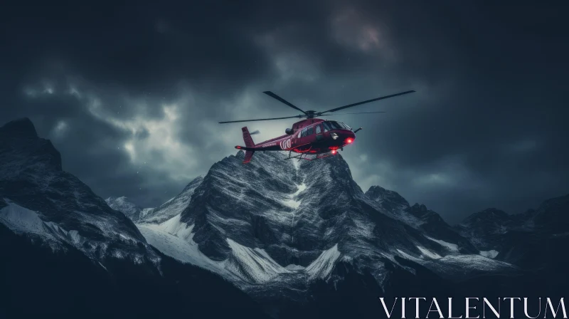 Red Helicopter Flying in Snowy Mountains AI Image