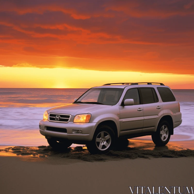 Silver SUV on Sandy Coast | Richly Colored Skies | Zen-Inspired AI Image