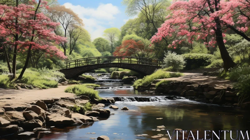 Tranquil Park Landscape with River and Bridge AI Image