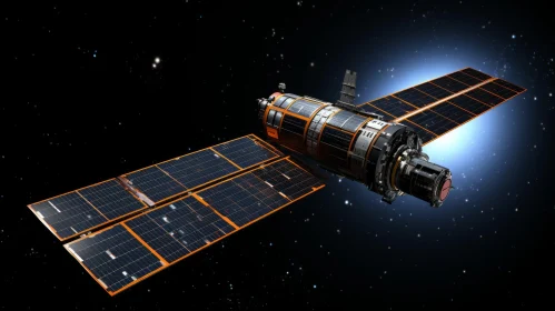 Black Satellite with Orange Solar Panels in Space