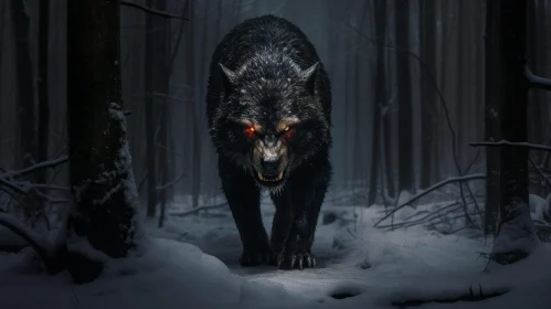 Black Wolf in Snowy Forest: Digital Painting