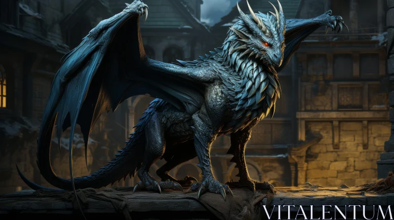 Blue Dragon on Castle Wall - Fantasy Digital Art AI Image